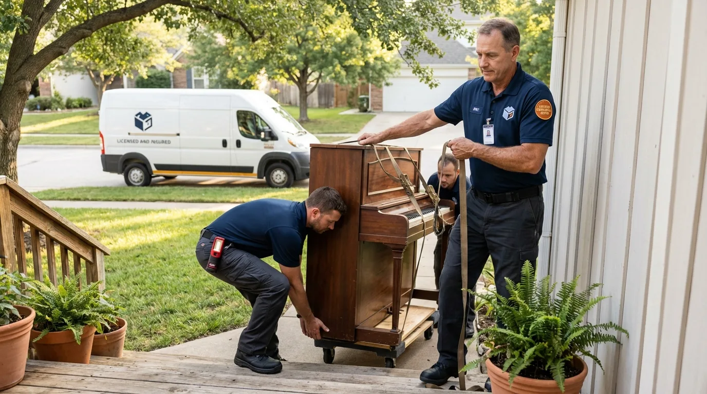 Licensed piano movers securing grand piano in Calcium, NY