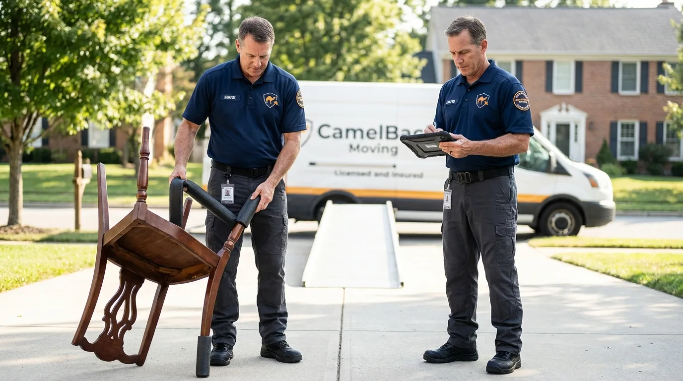 Movers inspecting furniture for damage prevention before loading in Calcium, NY