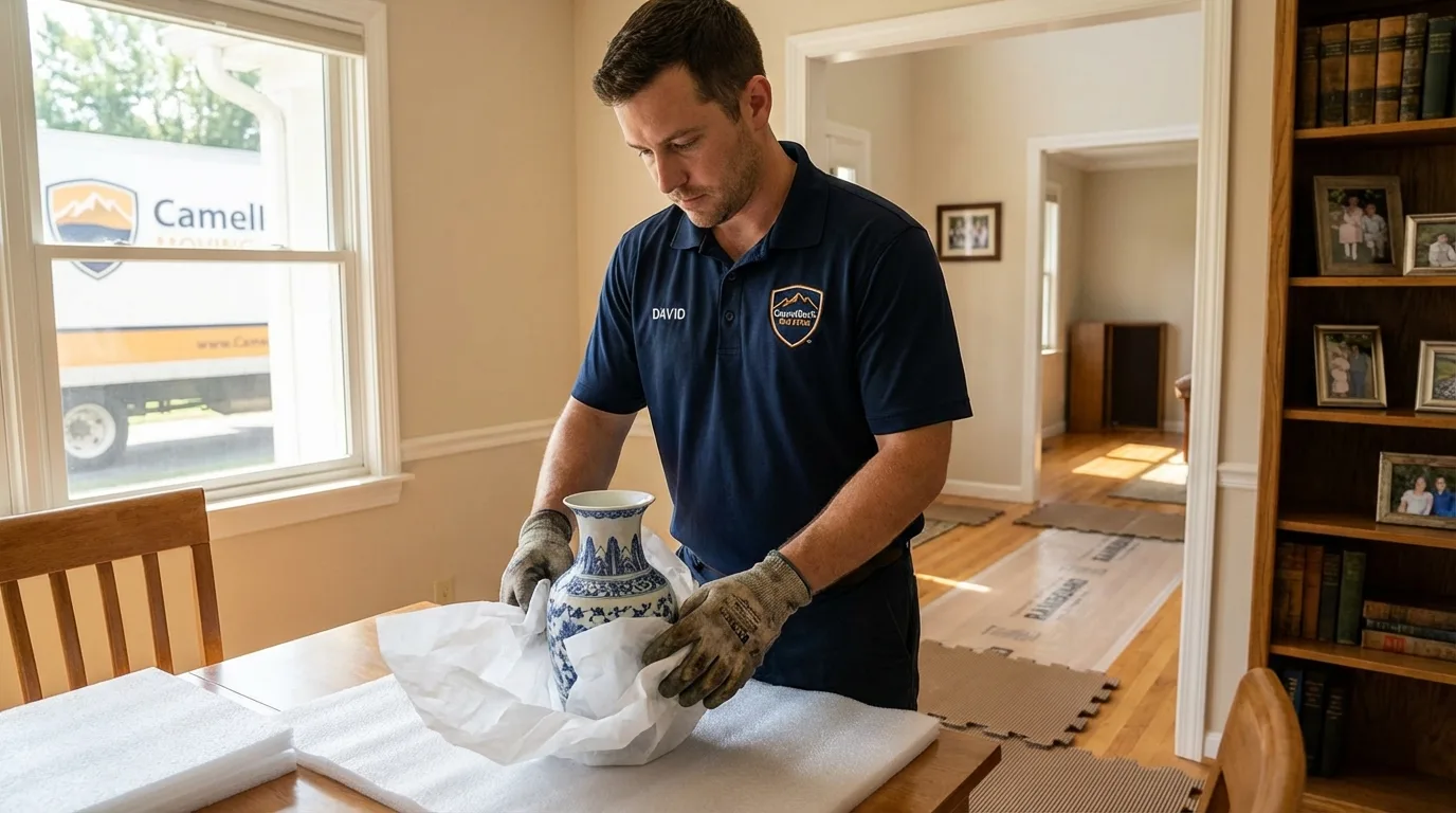 Professional crew carefully wrapping antique vase for senior downsizing move in Calcium, NY