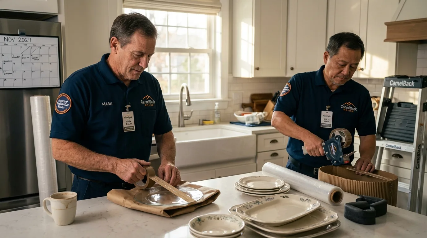 Professional crew packing kitchen dishware in Calcium, NY